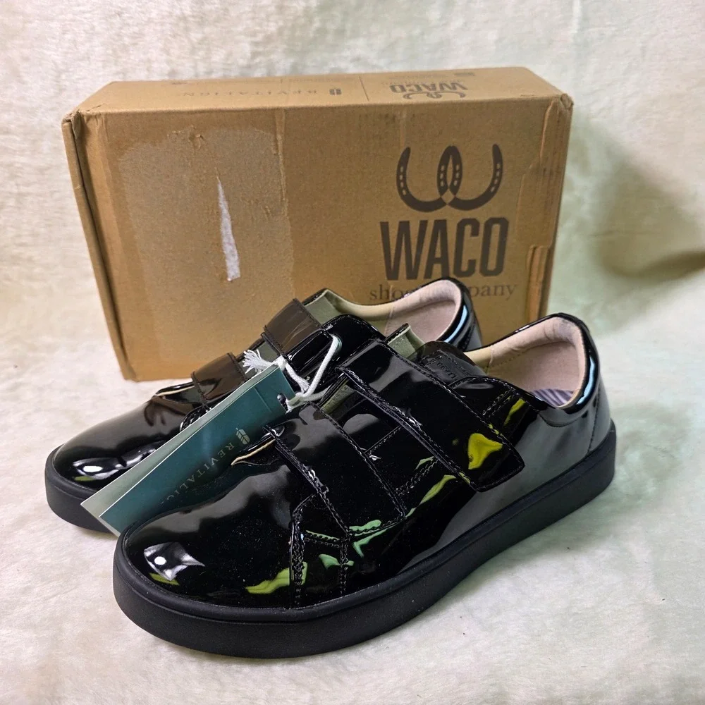 WACO Revitalign Hook Loop Sneakers Patent Leather Black Women 8.5D WIDE NEW